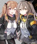  armband brown_hair chagoon commentary_request girls_frontline green_hair gun h&amp;k_ump heckler_&amp;_koch hood hooded_jacket jacket multiple_girls neck_ribbon one_eye_closed pantyhose ribbon scar scar_across_eye siblings sisters submachine_gun twintails ump45_(girls_frontline) ump9_(girls_frontline) weapon 