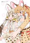  2girls absurdres animal_ears belt bow bowtie brown_hair cat_ears cat_girl cat_tail extra_ears geoffroy&#039;s_cat_(kemono_friends) green_eyes grey_hair highres kemono_friends kemono_friends_v_project large-spotted_genet_(kemono_friends) long_hair microphone multiple_girls nail_polish oaug241 one_eye_closed ribbon shirt simple_background skirt suspenders tail twintails virtual_youtuber 