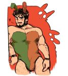  1boy animal_ears ass_visible_through_thighs bara beard black_hair blush_stickers bulge cropped_legs facial_hair full_beard gendal_bendal green_leotard heart highres large_pectorals leotard looking_at_viewer male_focus mature_male mismatched_animal_ear_colors muscular muscular_male mustache orange_leotard original pectorals rabbit_ears seductive_smile short_hair smile solo sparse_arm_hair sparse_leg_hair standing thick_eyebrows thighs two-tone_leotard wink_heart 