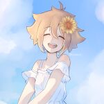  1boy alternate_costume basil_(faraway)_(omori) basil_(omori) blonde_hair dress flower hair_flower hair_ornament highres looking_at_viewer omori open_mouth sharkai short_hair smile solo teeth twitter_username upper_body upper_teeth_only white_dress 