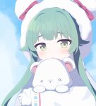  1girl absurdres animal_ears bear_ears blue_archive blue_sky blush bow closed_mouth cloud cloudy_sky coat commentary_request fur-trimmed_coat fur_trim gloves green_eyes green_hair hair_flaps hat hat_bow highres holding holding_stuffed_toy hood hooded_coat momiji_(blue_archive) peso_(pesomeren) pom_pom_(clothes) red_bow sky solo stuffed_animal stuffed_toy teddy_bear twintails white_coat white_gloves 