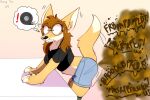 anthro bent_over blush bodily_fluids bottomwear canid canine clothing embarrassed eyewear fart fart_fetish female fox glasses hi_res humor implied_soiling king-triangle mammal shart shorts skid_marks solo sound_effects sweat
