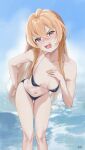  1girl aisaka_taiga arm_behind_back ass_visible_through_thighs bikini blonde_hair blue_bikini breasts brown_eyes collarbone commission fang groin hand_on_own_chest highres leaning_forward long_hair looking_at_viewer micro_bikini navel ocean open_mouth ryudraw second-party_source signature sky small_breasts solo standing string_bikini swimsuit teeth thigh_gap thighs toradora! upper_teeth_only v-shaped_eyebrows 