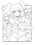  1girl 2boys :o animal_ears animal_hood arm_warmers artist_name bare_shoulders breasts cowboy_shot danganronpa_(series) danganronpa_2:_goodbye_despair fake_animal_ears flipped_hair foreshortening greyscale heart highres hood large_breasts leotard medium_hair monochrome monomi_(danganronpa) multiple_boys nanami_chiaki playboy_bunny rabbit_hood short_hair tahi-tai teeth upper_teeth_only v 