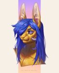 absurd_res anthro blue_hair bust_portrait eyelashes female fur hair hi_res lagomorph leporid long_hair mammal marie_merkh mouth_closed portrait purple_eyes rabbit simple_background solo yellow_body yellow_ears yellow_fur