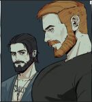  2boys bara beard black_hair brothers facial_hair far_cry_5 from_side full_beard girl_staring_at_guys_chest_(meme) jacob_seed john_seed large_pectorals looking_at_pectorals looking_down male_focus mature_male meme multiple_boys muscle_envy muscular muscular_male orange_hair pectorals photo-referenced short_hair siblings skaldsnshadow thick_eyebrows upper_body 