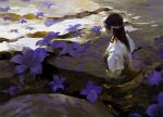  1girl black_hair brown_hair chiaroscuro faux_traditional_media field flower from_behind headband highres long_hair original outdoors painterly partially_submerged profile purple_flower river shirt short_sleeves solo sunlight upper_body wading water white_shirt yuming_li 