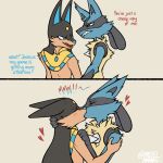 2024 ambiguous_gender anubis_(pal) blue_body blue_eyes blue_fur blush canid canine duo english_text fur generation_4_pokemon hi_res kissing lucario mammal nintendo pal_(species) palworld pastel_mamba pocketpair pokemon pokemon_(species) red_eyes simple_background tan_body tan_fur text