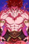  1boy abs adam&#039;s_apple arabian_clothes arabic_text armlet arms_at_sides bara bracer bucchigiri?! fiery_aura genie highres large_pectorals long_hair long_sideburns looking_at_viewer male_focus muscular muscular_male nipples oekaki_shitou pectorals prehensile_hair red_eyes red_hair senya_(bucchigiri?!) shredded_muscles sideburns simple_background solo stomach thick_eyebrows v-taper 