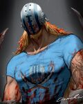 1boy blonde_hair blood blood_in_hair blood_on_clothes blood_on_mask blood_on_weapon blue_shirt facial_hair facial_hair_through_mask goatee gomoku_0318 highres hockey_mask killer_(one_piece) long_hair male_focus mask muscular muscular_male one_piece shirt short_sleeves signature solo t-shirt weapon 