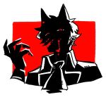  1boy animal_ears ascot blood blood_on_face blood_on_hands collared_coat eyes_in_shadow hand_up looking_at_viewer male_focus original red_background red_eyes rramarukun short_hair slit_pupils solo spot_color upper_body wolf_boy wolf_ears 