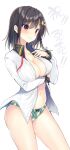  1girl ass black_hair blue_bow blue_ribbon blush bow bow_panties breast_hold breasts cleavage collarbone diagonal-striped_panties frilled_shirt frills hair_between_eyes hair_bow hair_ornament hair_ribbon hair_tie highres kakao_(chocolate_land) large_breasts looking_at_viewer medium_hair multicolored_clothes multicolored_panties navel neck_ribbon omoi_o_sasageru_otome_no_melody_~afureru_omoi_o_shirabe_ni_nosete~ open_clothes open_shirt panties raised_eyebrows red_eyes red_ribbon ribbon shirt simple_background smile solo sonoya_chika standing star_(symbol) star_hair_ornament thighs translation_request underwear untied_ribbon white_background white_shirt 