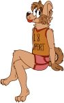 2016 alpha_channel anthro athletic_wear barefoot black_nose black_text blep bottomwear brown_body brown_eyebrows brown_fur canid canine canis claws clothed clothing digital_drawing_(artwork) digital_media_(artwork) domestic_dog english_text eyebrows fangs feet finger_claws flat_colors full-length_portrait fully_clothed fur gym_bottomwear gym_shorts handwritten_text head_tuft hi_res hindpaw jaspering looking_at_viewer male mammal notched_ear orange_clothing orange_shirt orange_tank_top orange_topwear paws plantigrade portrait red_bottomwear red_clothing red_shorts red_tongue shiny_eyelids shirt shorts simple_background sitting smile snout solo tail tank_top teeth text text_on_clothing text_on_shirt text_on_tank_top text_on_topwear toe_claws tongue tongue_out topwear transparent_background tuft whisker_dots