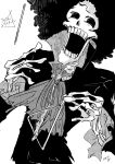  1boy absurdres afro ascot black_hair black_jacket bluecoral00 brook_(one_piece) crack dated high_collar highres instrument jacket male_focus medium_hair one_piece open_mouth signature simple_background skeletal_hand skeleton smile solo spine teeth triangle_(instrument) undead white_background 