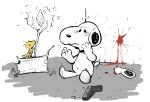 avian bird blood bodily_fluids canid canine canis domestic_dog duo feral hi_res holding_object holding_staff male mammal pain peanuts_(comic) simple_background sitting snoopy staff tobydoge white_background wood woodstock_(peanuts) yellow_body
