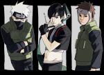  3boys black_background black_gloves black_hair brown_hair cowboy_shot crop_top expressionless fingerless_gloves forehead_protector gloves hatake_kakashi headband highres holding holding_scroll looking_at_viewer male_focus mask midriff mouth_mask multiple_boys naruto_(series) naruto_shippuuden navel one_eye_closed pnpk_1013 sai_(naruto) scar scar_across_eye scroll white_hair yamato_(naruto) 