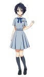  1girl 22/7 ankle_socks black_footwear black_socks blue_dress blue_hair blue_ribbon brown_eyes dark_blue_hair dress expressionless facing_viewer hand_up highres loafers looking_to_the_side medium_skirt neck_ribbon ribbon shoes short_hair short_sleeves simple_background skirt socks solo tachi-e takigawa_miu transparent_background uniform 