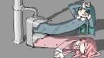  2girls blue_hair closed_eyes closed_mouth grey_background highres long_hair long_sleeves long_torso multiple_girls open_mouth original pink_eyes pink_hair simple_background surreal traffic_light tsukumizu_yuu 