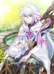  1boy black_pants cape dated fate/grand_order fate_(series) flower fon-due_(fonfon) fou_(fate) fountain grey_eyes hair_between_eyes holding holding_staff long_hair looking_at_viewer male_focus merlin_(fate) outdoors pants pink_ribbon ribbon signature sitting staff white_cape white_hair 