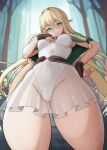  1girl blonde_hair blush braid breasts cloak elf eltolinde from_below green_eyes highres lainart leotard long_hair looking_at_another looking_at_viewer looking_down pointy_ears simple_background smile solo standing thick_thighs thighs twin_braids unicorn_overlord very_long_hair 
