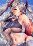  1girl absurdres azur_lane bare_shoulders belt black_gloves blue_sky breasts clothing_cutout commander_kei covered_nipples cropped_shirt earpiece finger_under_clothes fingernails gloves grey_hair half_gloves headgear highres jacket large_breasts long_hair looking_at_viewer microphone midriff multicolored_hair navel official_alternate_costume outdoors panties panty_straps prinz_eugen_(azur_lane) prinz_eugen_(final_lap)_(azur_lane) purple_jacket race_queen red_hair red_panties sharp_fingernails shiny_skin sideboob sky solo stomach streaked_hair two-tone_hair two-tone_skirt underboob underboob_cutout underwear upper_body white_belt yellow_eyes zipper 