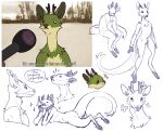 ambiguous_gender anthro antlers arthropod butterfly chest_tuft deer deer_being_interviewed electronics floating_hearts fur furred_kobold green_body green_fur horn hybrid insect kobold lepidopteran looking_at_viewer lying mammal meme microphone mossweaver multiple_poses nude pose rabbithabbit side_view sitting sketch_page sparkles tail tail_tuft tuft yellow_eyes