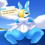 absurd_res animal_crossing anthro beach big_breasts bikini blonde_hair breasts clothed clothing dialogue eyelashes female foxsuo francine_(animal_crossing) hair hair_over_eye hi_res huge_breasts lagomorph leporid looking_at_viewer mammal nintendo nipple_slip one_eye_obstructed rabbit seaside smile solo swimwear text thick_thighs water white_body