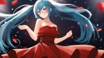  1girl aqua_eyes aqua_hair bare_arms bare_shoulders blush breasts cleavage collarbone commentary cowboy_shot dark_background dress expressionless floating_hair frilled_dress frills glasses hair_between_eyes hands_up hatsune_miku highres long_hair looking_at_viewer red-framed_eyewear red_dress red_petals redcxca sidelocks sleeveless sleeveless_dress solo standing strapless strapless_dress twintails very_long_hair vocaloid 