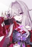  1girl arm_up black_choker black_gloves bracelet bright_pupils choker cross gloves hair_ornament highres holding holding_ribbon honkai_(series) honkai_impact_3rd jacket jewelry long_hair long_sleeves looking_at_viewer one_eye_closed purple_eyes purple_ribbon red_jacket red_ribbon ribbon ribbon_hair_ornament simple_background single_bare_shoulder smile smirk solo solo_focus tdatnst thelema_(honkai_impact) tongue tongue_out upper_body very_long_hair white_background white_hair white_pupils 