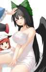  3girls bird_wings black_hair black_wings blush bow breasts cleavage closed_eyes commentary_request doge_(jkdoge) feathered_wings feet_out_of_frame frilled_sleeves frills green_bow grey_background hair_bow headpat highres kaenbyou_rin komeiji_satori large_breasts long_hair looking_at_another multiple_girls naked_towel open_mouth red_eyes red_hair reiuji_utsuho simple_background sitting smile solo_focus touhou towel towel_on_head very_long_hair wings 