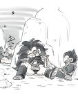  3boys absurdres aco_(aco_rz) against_rock bald bara bulge_peek closed_eyes crossed_arms crossed_legs deformed dragon_ball dragon_ball_z greyscale highres large_pectorals long_hair lying male_focus monochrome multiple_boys muscular muscular_male nappa on_floor on_side pectorals raditz saiyan_armor size_difference sleeping solo_focus spiked_hair spread_legs thick_eyebrows thick_thighs thigh_press thighs u_u vegeta very_long_hair 