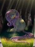  2018 blush digital_media_(artwork) equine feathered_wings feathers female feral fluttershy_(mlp) friendship_is_magic grass hair hi_res long_hair mammal momomistress my_little_pony pegasus pink_hair sad solo teal_eyes tree wings yellow_feathers 