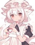  1girl absurdres animal_ears apron back_bow blush bow brown_eyes cat_ears cat_girl cat_tail collared_dress dress future_c0v0c hat heart heart_hands highres looking_at_viewer maid mob_cap neck_ribbon original ribbon short_hair short_sleeves solo tail white_hair wrist_cuffs 