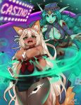 2024 big_breasts blush bottomwear breasts clothed clothing dragonfu duo female fluffy fluffy_tail gloves green_eyes hair handwear hi_res humanoid_pointy_ears long_hair open_mouth skirt standing tail topless undressing white_hair
