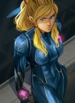  1girl abs blonde_hair blue_bodysuit blue_eyes bodysuit braid feather_hair frown leaning looking_at_viewer max_kay metroid muscular muscular_female samus_aran solo toned twin_braids 