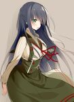  1girl :o black_hair blush clothes_lift eyes_visible_through_hair floating_hair floating_neckwear green_eyes green_skirt grey_background hair_between_eyes high-waist_skirt kakao_(chocolate_land) long_hair looking_to_the_side loose_neck_ribbon neck_ribbon open_mouth original raised_eyebrows red_ribbon ribbon simple_background sketch skirt skirt_lift solo very_long_hair 