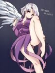  1girl barefoot black_background breasts character_name cleavage closed_mouth dress grey_hair itatatata kishin_sagume legs looking_at_viewer purple_dress red_eyes short_hair simple_background single_wing solo touhou white_wings wings 