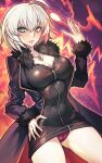  1girl absurdres black_dress black_footwear blue_coat boots breasts cleavage coat collarbone dress dynamitenatalia fate/grand_order fate_(series) fire fur-trimmed_coat fur_trim grey_hair highres jeanne_d&#039;arc_alter_(fate) jeanne_d&#039;arc_alter_(ver._shinjuku_1999)_(fate) jewelry knee_boots large_breasts long_sleeves looking_at_viewer necklace open_clothes open_coat panties purple_panties short_dress short_hair smile solo thighs underwear yellow_eyes 