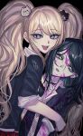  2girls bear_hair_ornament black_background black_hair black_jacket blonde_hair blood blood_on_clothes blood_on_face blue_eyes collarbone danganronpa:_trigger_happy_havoc danganronpa_(series) empty_eyes enoshima_junko eyelashes hair_ornament head_tilt highres hug ikusaba_mukuro jacket long_hair looking_at_viewer medium_hair multiple_girls pink_blood shimotsuki_niko siblings sisters twins twintails white_eyes 