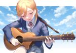  1girl acoustic_guitar blue_jacket blue_sky cloud collared_shirt commentary_request dress grey_dress guitar highres holding holding_plectrum instrument jacket long_sleeves looking_at_object love_live! love_live!_superstar!! medium_hair music neck_ribbon open_clothes open_jacket open_mouth orange_hair playing_instrument plectrum purple_eyes red_ribbon repurika ribbon school_uniform shibuya_kanon shirt sitting sky solo upper_body white_shirt winter_uniform yuigaoka_school_uniform 