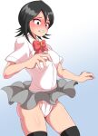  1girl black_hair bleach blush clothes_lift embarrassed fundoshi highres honotomo7 japanese_clothes kuchiki_rukia purple_eyes school_uniform short_hair simple_background skirt skirt_lift solo underwear 