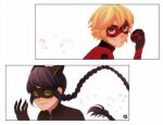  1boy 1girl adrien_agreste animal_ears black_bodysuit black_hair black_mask blonde_hair bodysuit braid cat_ears cat_girl closed_mouth green_eyes highres jewelry lady_noir marinette_dupain-cheng miraculous_ladybug misterbug_(character) red_bodysuit red_mask remurie ring simple_background single_braid smile superhero_costume upper_body white_background 