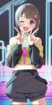  1girl bare_shoulders blush commentary_request enpik go_our_way! grey_hair grey_shorts highres index_fingers_raised long_sleeves looking_at_viewer love_live! love_live!_nijigasaki_high_school_idol_club midriff_peek nakasu_kasumi navel one_eye_closed open_mouth red_eyes short_hair shorts solo standing teeth triangle_hair_ornament upper_body upper_teeth_only 