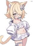  1girl animal_ear_fluff animal_ears bare_shoulders bikini blonde_hair blush borrowed_character cat_ears cat_girl cat_tail collarbone color_guide commentary_request cross-shaped_pupils flower frilled_bikini frills glasses grey_eyes groin hair_flower hair_ornament hair_over_one_eye hands_up highres jacket long_sleeves looking_at_viewer navel off_shoulder open_clothes open_jacket open_mouth original pink_flower puffy_long_sleeves puffy_sleeves sa_ka_(sakanoya) simple_background sleeves_past_fingers sleeves_past_wrists solo swimsuit symbol-shaped_pupils tail white_background white_bikini white_jacket 