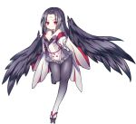  1girl ao_jun ark_order black_feathers black_hair black_wings breasts detached_collar detached_sleeves dress facial_mark falling_feathers feathered_wings feathers forehead_mark full_body geta gradient_legwear harpy karasu_tengu_(ark_order) long_hair long_sleeves looking_at_viewer medium_breasts monster_girl official_art one_side_up pantyhose red_eyes sidelocks solo tachi-e third-party_source transparent_background white_dress wide_sleeves winged_arms wings 