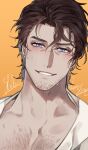  1boy bara bear_shakra blue_eyes blush brown_hair eyelashes facial_hair goatee_stubble highres looking_at_viewer male_focus original portrait short_hair solo sparse_chest_hair sparse_stubble stubble sweat thick_eyebrows 