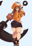  1girl absurdres anchor ass bike_shorts black_shorts blue_background brown_hair english_commentary grin guilty_gear hexprinxess highres jacket long_hair long_sleeves looking_at_viewer looking_back may_(guilty_gear) orange_hat orange_jacket pantylines plump red_eyes short_shorts shorts simple_background skull_and_crossbones smile thick_thighs thighs twisted_torso wide_hips 
