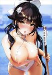  absurdres ass_visible_through_thighs azur_lane black_hair blurry blurry_background blush bow breasts brown_eyes brown_hair cleavage cowboy_shot criss-cross_halter depth_of_field eyebrows_visible_through_hair flower hair_bow hair_flaps hair_flower hair_ornament halterneck highres holding holding_sword holding_weapon huge_filesize katana large_breasts leaning_forward long_hair nipples ogino_atsuki one-piece_swimsuit parted_lips ponytail puffy_nipples scan smile solo sweat sweating_profusely swimsuit sword takao_(azur_lane) weapon white_bow white_flower white_swimsuit 