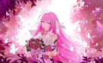  1girl absurdres bare_shoulders bouquet bow breasts bug butterfly commentary_request day dress elysia_(honkai_impact) flower gloves grey_rose hh_long highres holding holding_bouquet honkai_(series) honkai_impact_3rd long_hair looking_at_viewer medium_breasts outdoors parted_lips pink_bow pink_eyes pink_flower pink_hair pink_rose plant rose smile solo strapless strapless_dress very_long_hair white_dress white_gloves 
