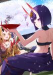  absurdres bare_shoulders blonde_hair breasts cup eyeliner facial_mark fate/grand_order fate_(series) forehead forehead_mark grin hair_pulled_back headpiece highres horns ibaraki_douji_(fate) japanese_clothes kimono long_hair long_sleeves looking_at_viewer looking_back makeup off_shoulder oni open_mouth purple_eyes purple_hair purple_kimono sakazuki sash short_hair shuten_douji_(fate) skin-covered_horns small_breasts smile tattoo terasako wide_sleeves yellow_eyes yellow_kimono 